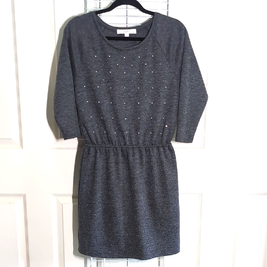 Loft Xs Gray Pearl & Rhinestone Embellishments 3/4 Sleeve A Line Sweater Dress